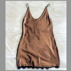 Free People - Copper Gold Sequin Lace Trimmed Mini Dress - XS